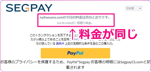 myfreecamsでpaypalを利用した時の代金