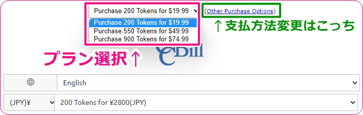 myfreecamsのトークン購入画面