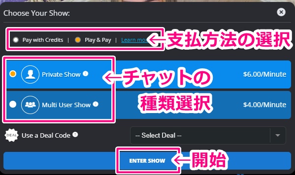 flirt4freeのプライベートショーの詳細選択画面